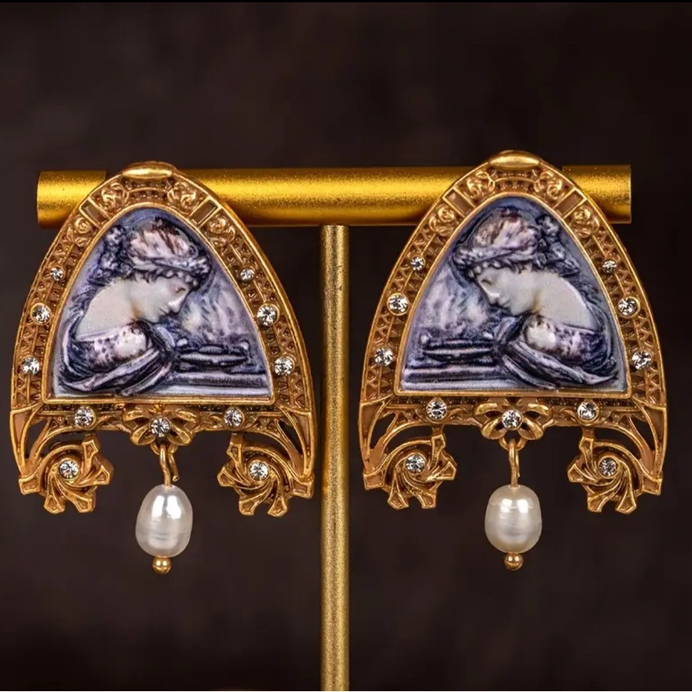Gold and Grey Cameo Style Earrings